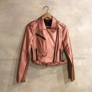 Metallic Faux Leather Moto Jacket / Rose Gold / Bomber